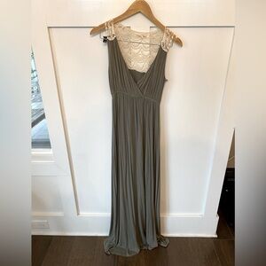 Olive color maxi dress with lace detail on back (size small)